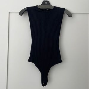 Aqua Side Slit Ribbed Black Thong Bodysuit - S